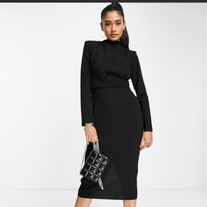 ASOS SOLD OUT High Neck Shoulder Pad Twist Front Midi Dress